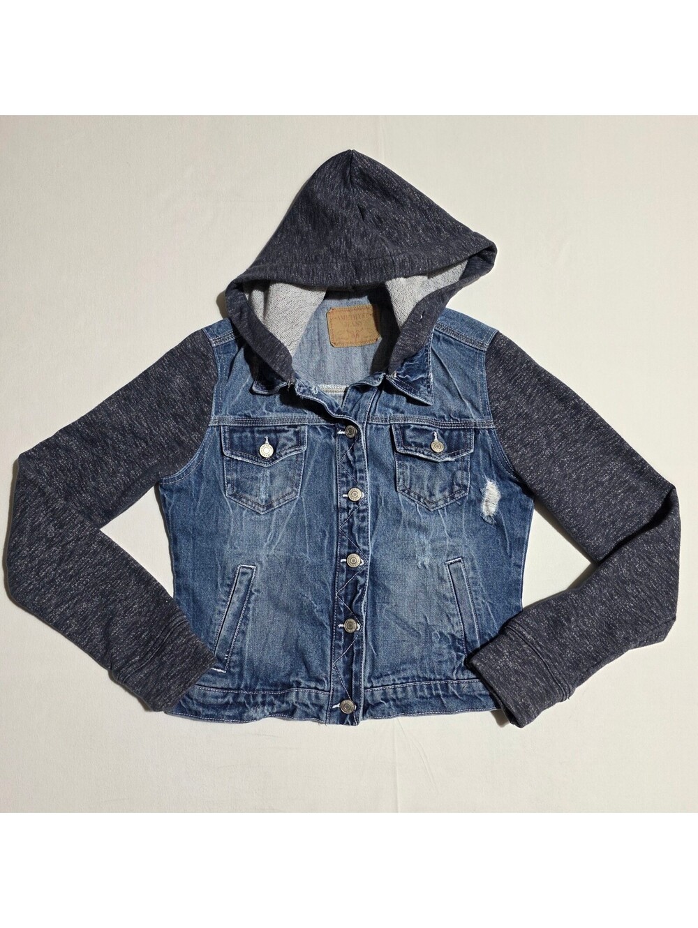 Amethyst Jeans Medium Denim Jacket with Hooded Knit Sleeves size medium